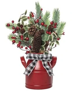Metal 16in Multicolored Christmas Buffalo Plaid And Berry Arrangement Home