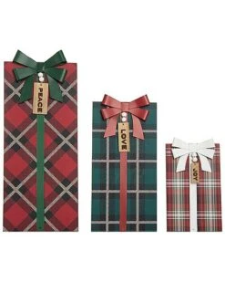 Wood 19.5in Multicolored Christmas Easel-Back Plaid Presents Set Of 3 Home