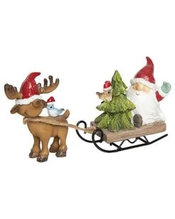 Resin 7.25in Multicolored Christmas Droopy Hat Santa And Reindeer Sled Figurine Home