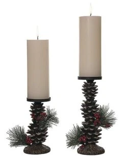 Resin 10in Multicolored Christmas Rustic Pinecone Candle Holders Set Of 2 Home