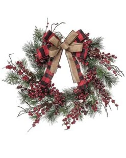 Artificial 24in Multicolored Christmas Buffalo Check And Berry Wreath Home