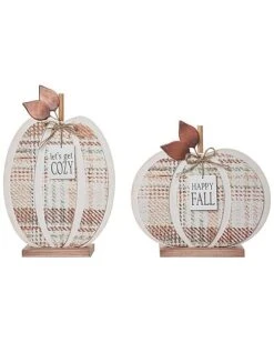 Wood 13.78In Multicolored Harvest Neutral Plaid Pumpkin Decor, Set Of 2 Home