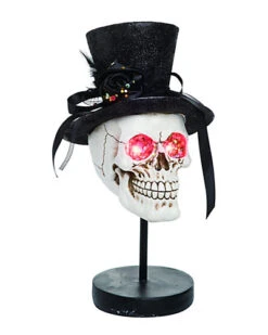 Resin 11in White Halloween Light Up Glitter Top Hat Skull Home