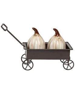 Ceramic 5.91In Multicolored Harvest Pumpkin Wagon Salt And Pepper Shaker Set Of 3 Home