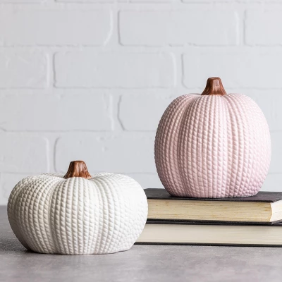 Transpac Dolomite Pastel Knit Pumpkin Decor Set Of 2 Resin Sculptures For Fall Halloween Indoor Tabletop Decoration 1 Transpac Dolomite Pastel Knit Pumpkin Decor Set Of 2 Resin Sculptures For Fall Halloween Indoor Tabletop Decoration