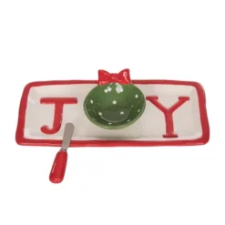 Transpac Ceramic Joy Chip And Dip Platter Perfect For Christmas Gatherings Red Tabletop Decor Dishwasher Safe Gift