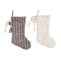 Transpac Cozy Fabric Textured Christmas Stocking Set Of 2 With Pom Poms Holiday Home Decorations