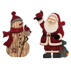 Transpac Plywood Santa And Snowman With Cardinal Decor For Christmas Decorative Objects