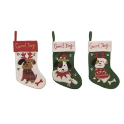 Transpac Good Dog Christmas Stocking Set Of 3 Holiday Home Decorations Polyester Fabric