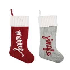 Transpac Fabric Knit Jingle Merry Stocking Set Of 2 Christmas Home Decorations Holiday Stockings Polyester