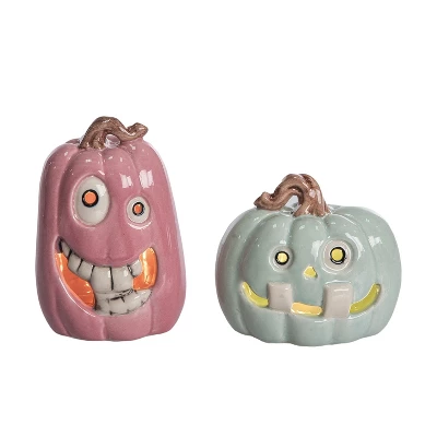 Transpac Ceramic LED Pastel Halloween Pumpkin Set Of 2 Decorative Sculptures Multicolor Battery Operated Indoor Decor 1 Transpac Ceramic LED Pastel Halloween Pumpkin Set Of 2 Decorative Sculptures Multicolor Battery Operated Indoor Decor