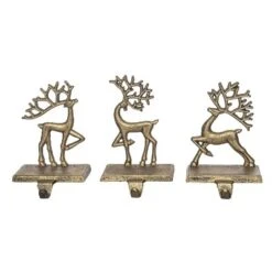 Transpac Cast Iron Reindeer Stocking Holder Set Of 3 Gold Metal Christmas Mantel Decor For Holiday Gift Giving