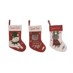 Transpac Good Cat Holiday Stocking Set Of 3 Red Polyester Christmas Indoor Decorations For Mantel Gift Giving